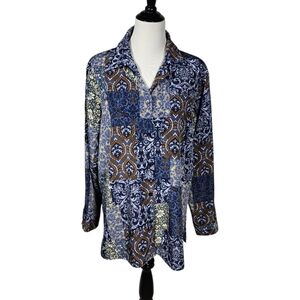 Susan Graver Style XL Blue Brown Yellow Graphic Floral Long Sleeve Button Down